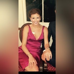 Vintage David Meister silk fuchsia midi dress. Size 4.